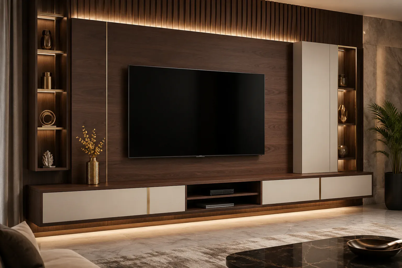 Wall-mounted TV unit that floats off the floor by Reedify Modulars