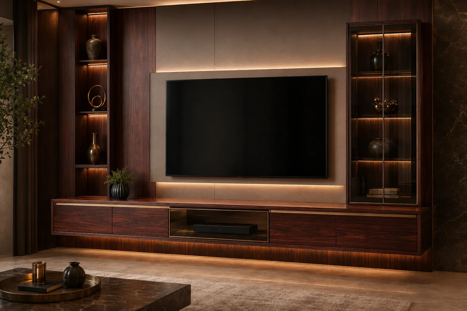 A TV unit with hidden storage wall by Reedify Modulars