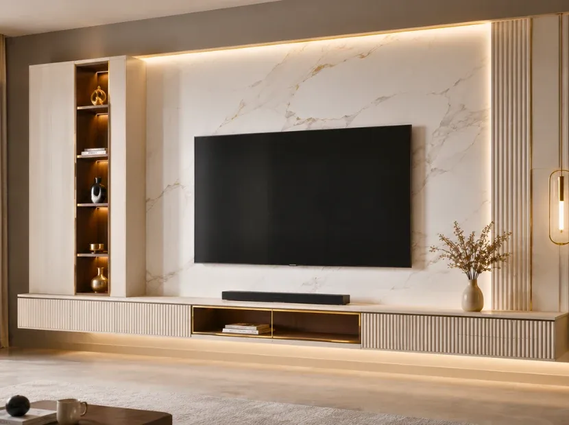 Wall-mounted TV unit that floats off the floor by Reedify Modulars