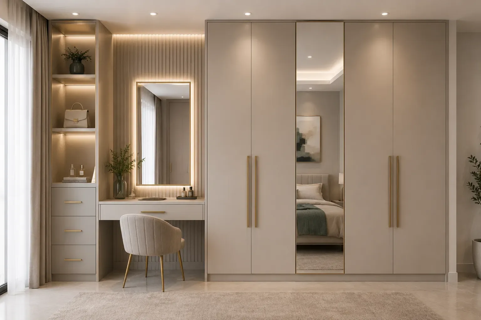 Bedroom wardrobe design with dressing table by Reedify Modulars