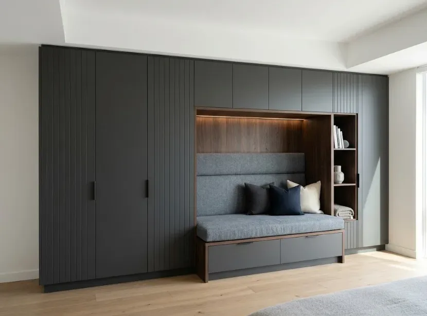 Wardrobe with sitting space and under-seat storage by Reedify Modulars