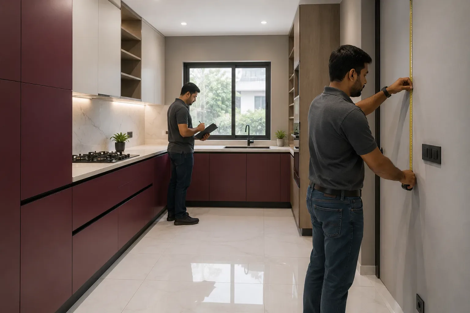 Reedify Modulars team taking professional site measurements of a kitchen before manufacturing