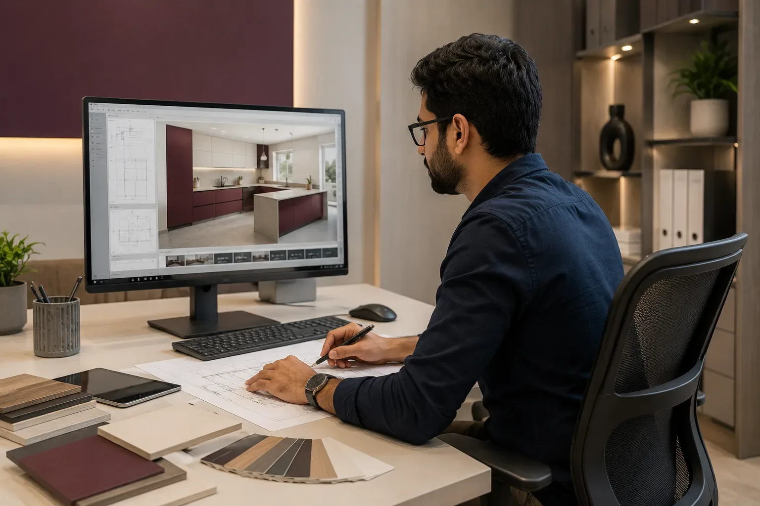 Reedify Modulars designer planning a custom modular kitchen layout on a CAD workstation