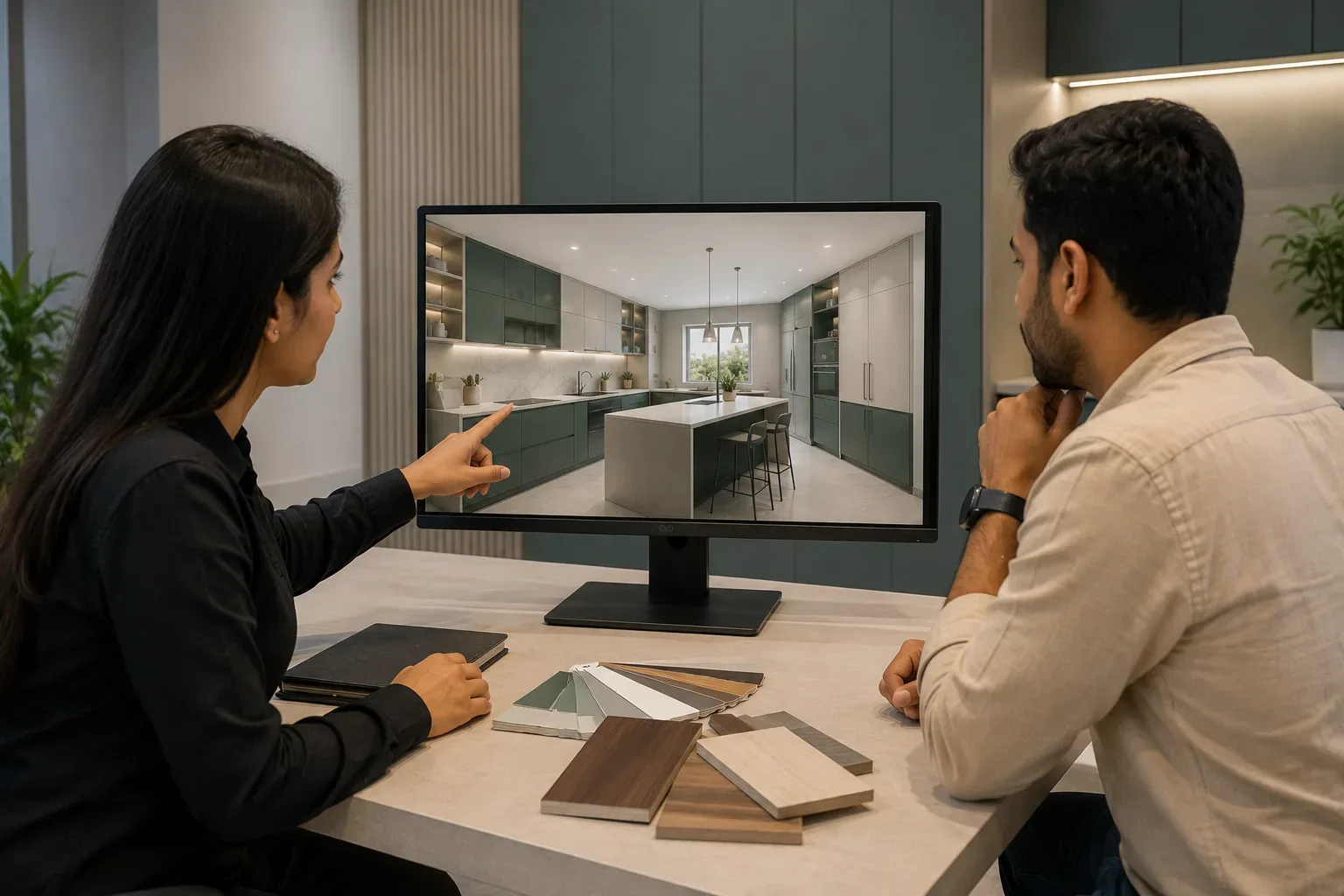 Reedify Modulars presenting a 3D design preview of a modular kitchen to a customer before manufacturing