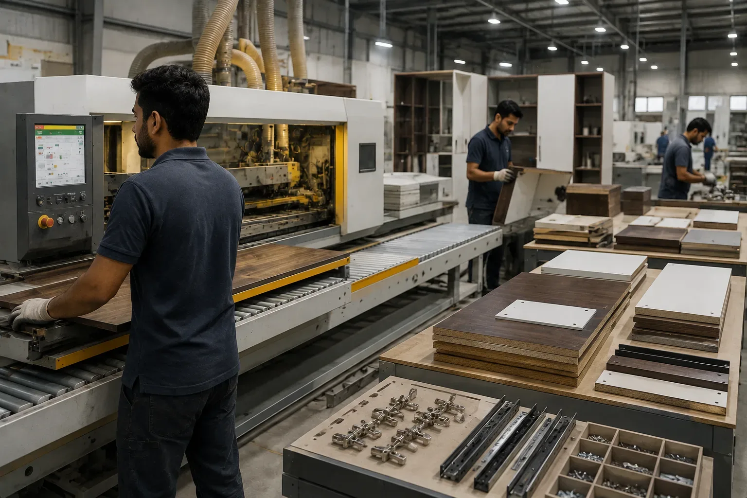 Reedify Modulars Rohtak factory manufacturing modular furniture with machine cutting, edge banding and hardware fitting