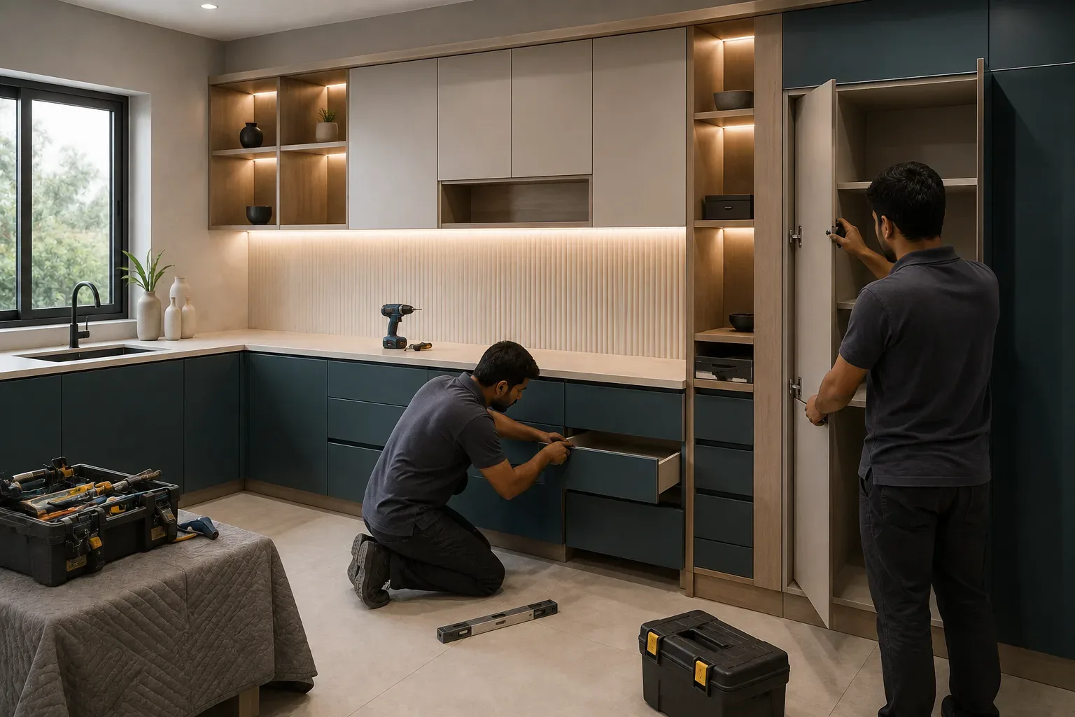 Reedify Modulars installation team fitting and aligning a modular kitchen at a customer site