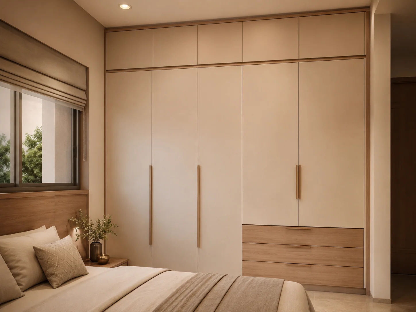wooden almirah inside design planned with drawers shelves hanging and locker storage
