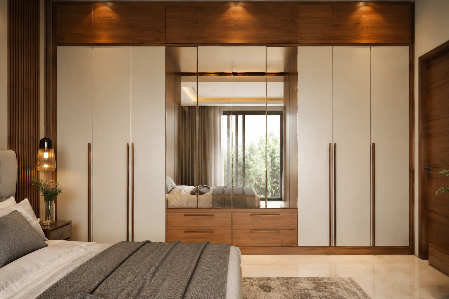 modern wooden almirah finish options with mirror glass and profile shutters