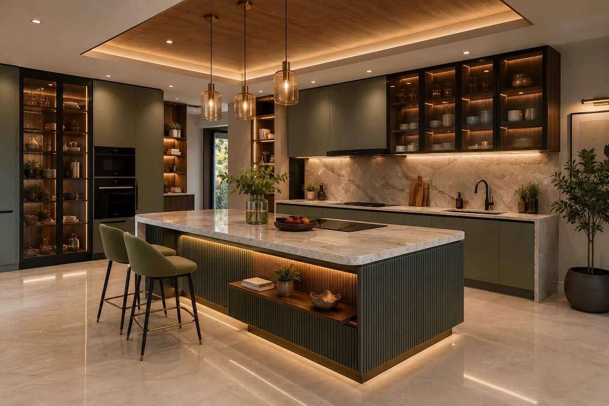 Island modular kitchen with central counter planning by Reedify Modulars