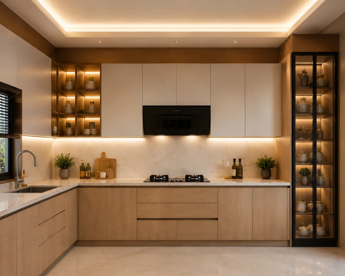 modern l shaped kitchen layout with beige cabinets and black glass shutters