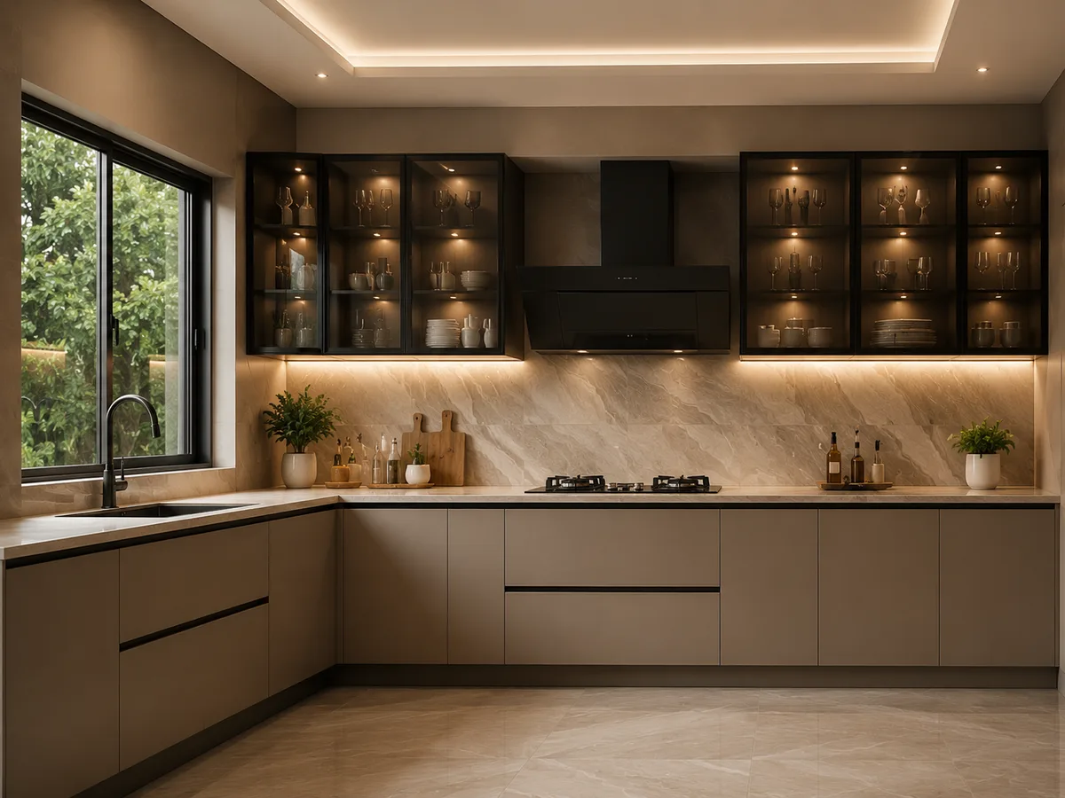 L-Shape modular kitchen with efficient work triangle by Reedify Modulars