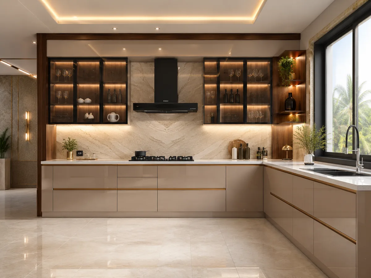 l shaped kitchen platform design with corner counter and storage drawers