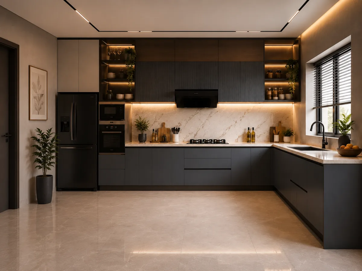 modern kitchen design l shape with open floor layout and tall unit