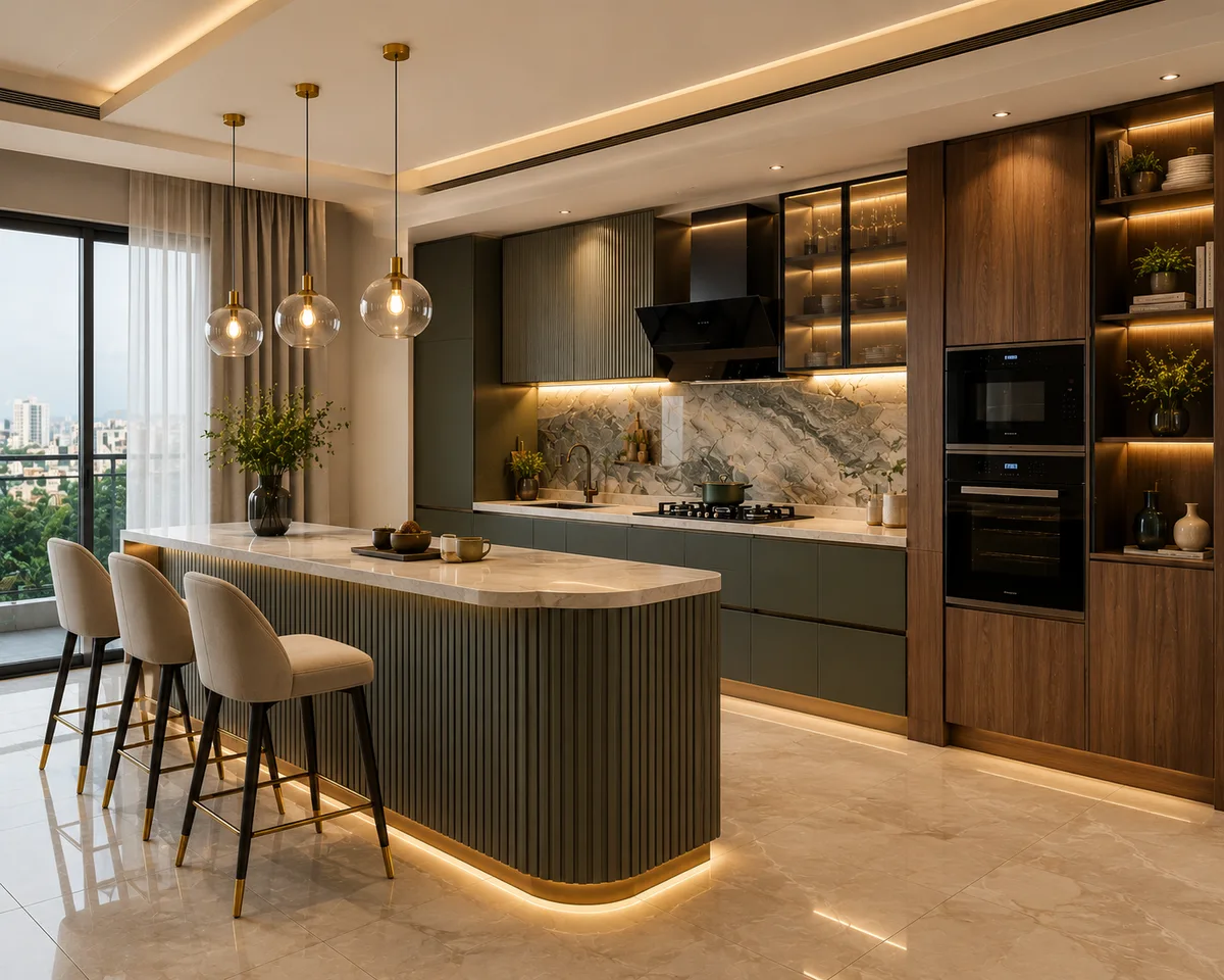 Peninsula modular kitchen with attached breakfast counter