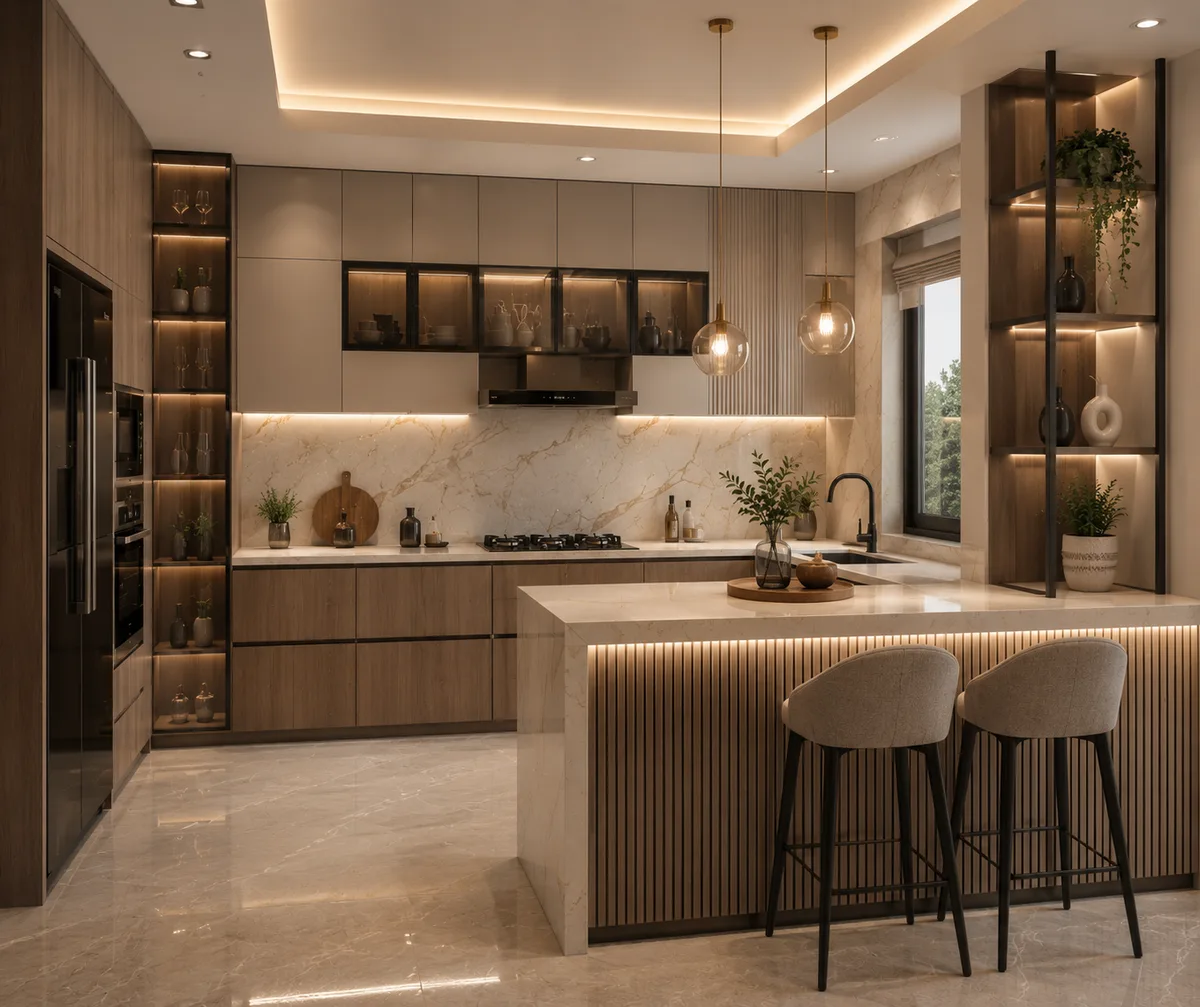 Peninsula modular kitchen with attached counter planning by Reedify Modulars
