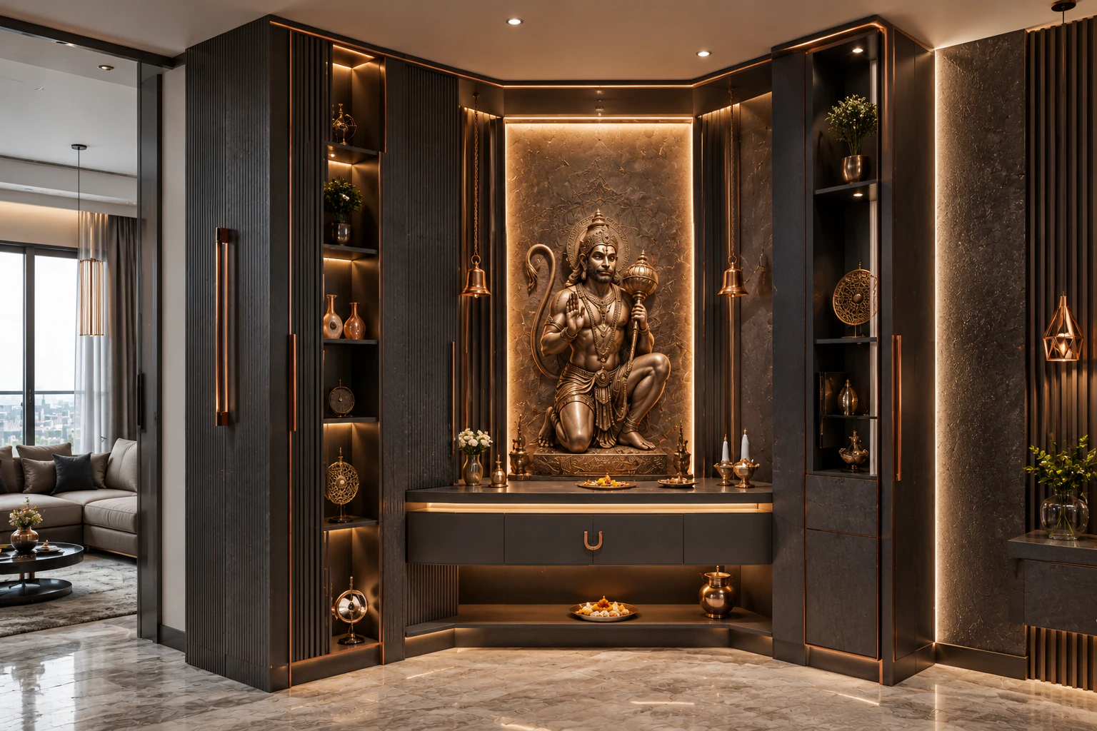 Deep charcoal and copper corner pooja unit by Reedify Modulars Rohtak