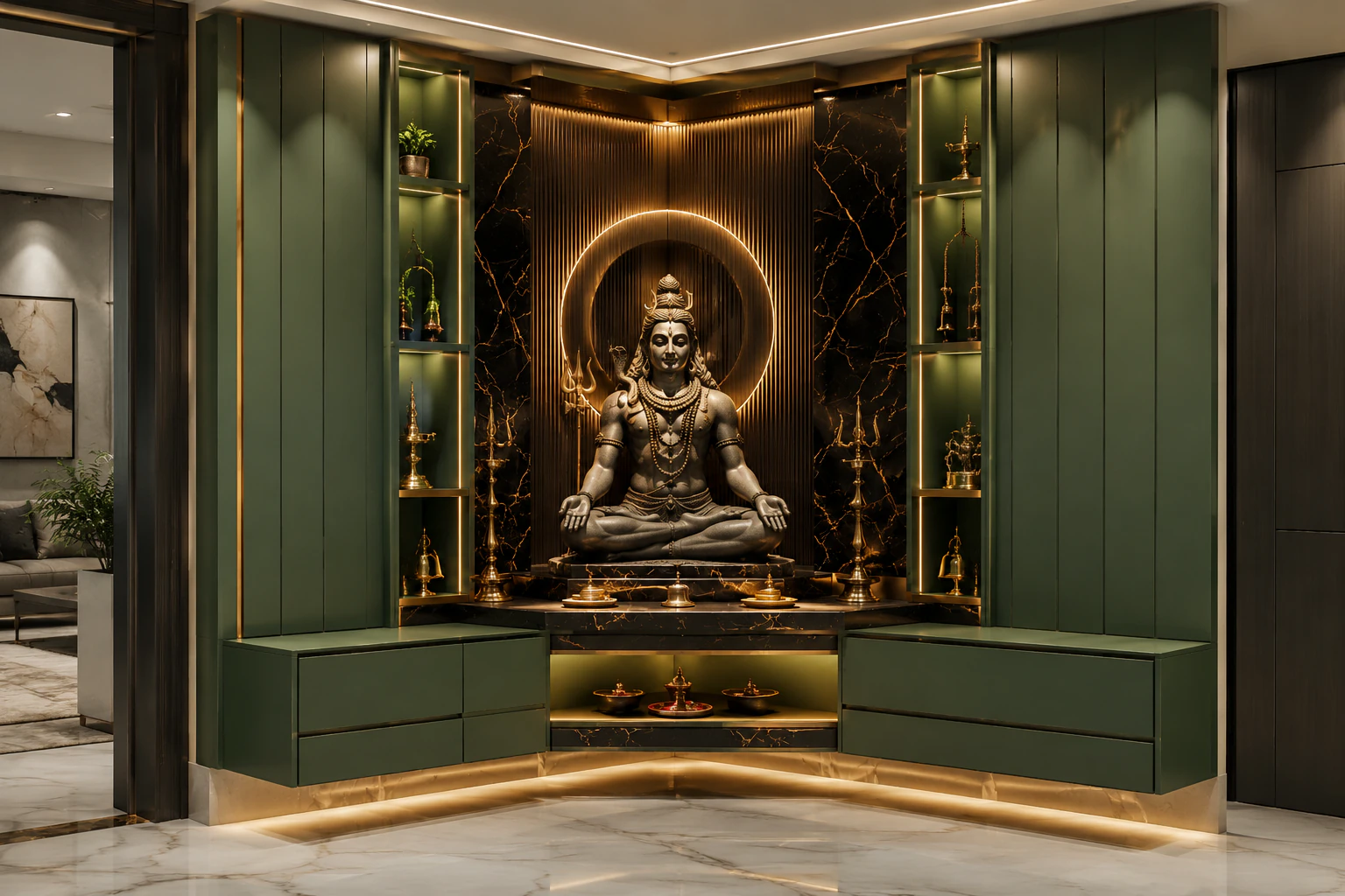 Forest green and black marble corner pooja unit by Reedify Modulars Rohtak