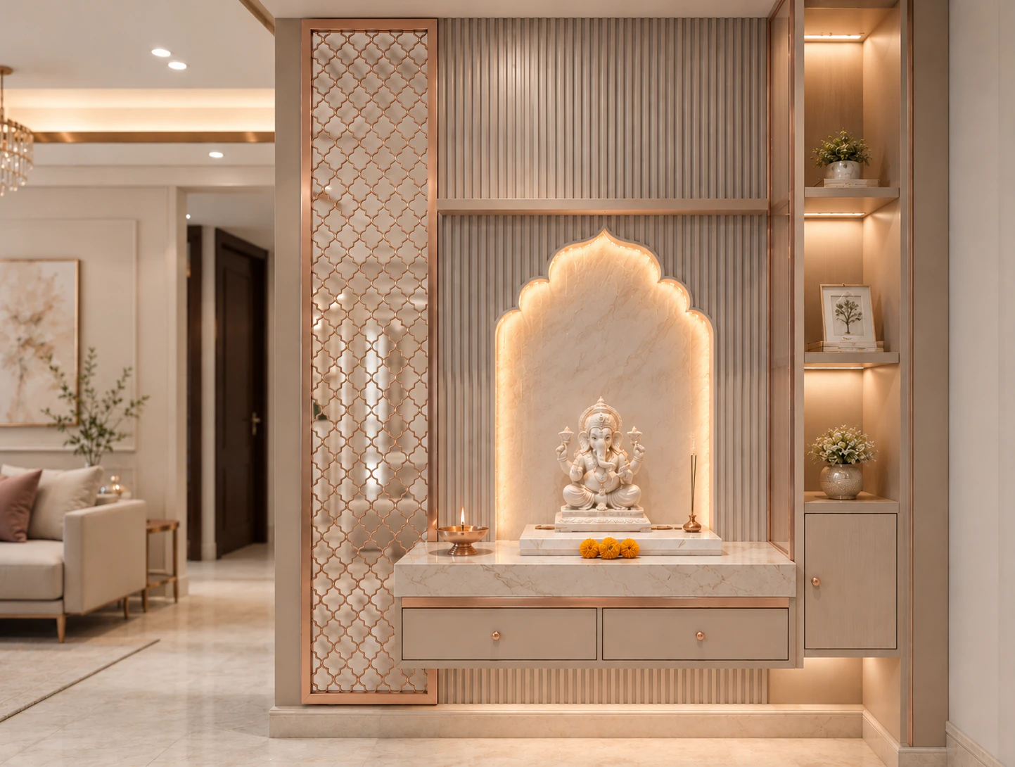 Greige and rose gold corner pooja unit by Reedify Modulars Rohtak