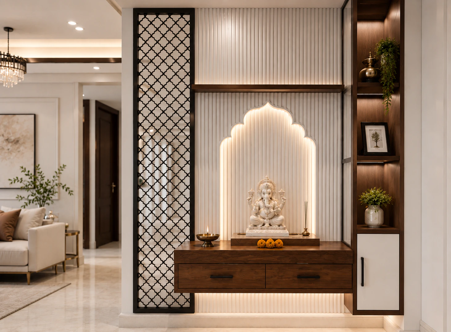 Pearl white walnut and matte black corner pooja unit by Reedify Modulars Rohtak