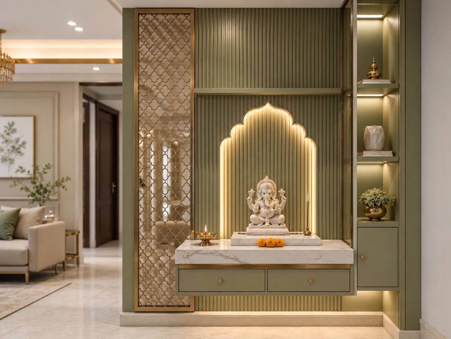 Sage green and antique brass corner pooja unit by Reedify Modulars Rohtak
