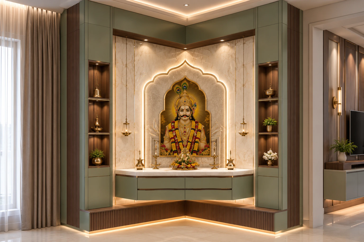 Sage green and soft walnut corner pooja unit by Reedify Modulars Rohtak