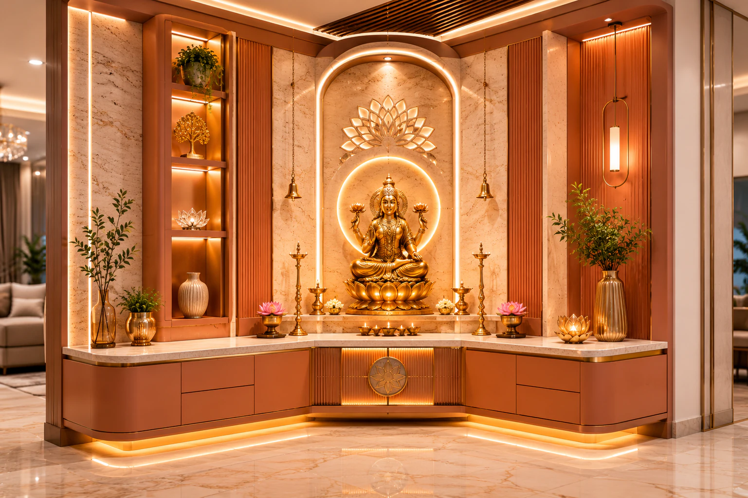 Terracotta clay and travertine corner pooja unit by Reedify Modulars Rohtak