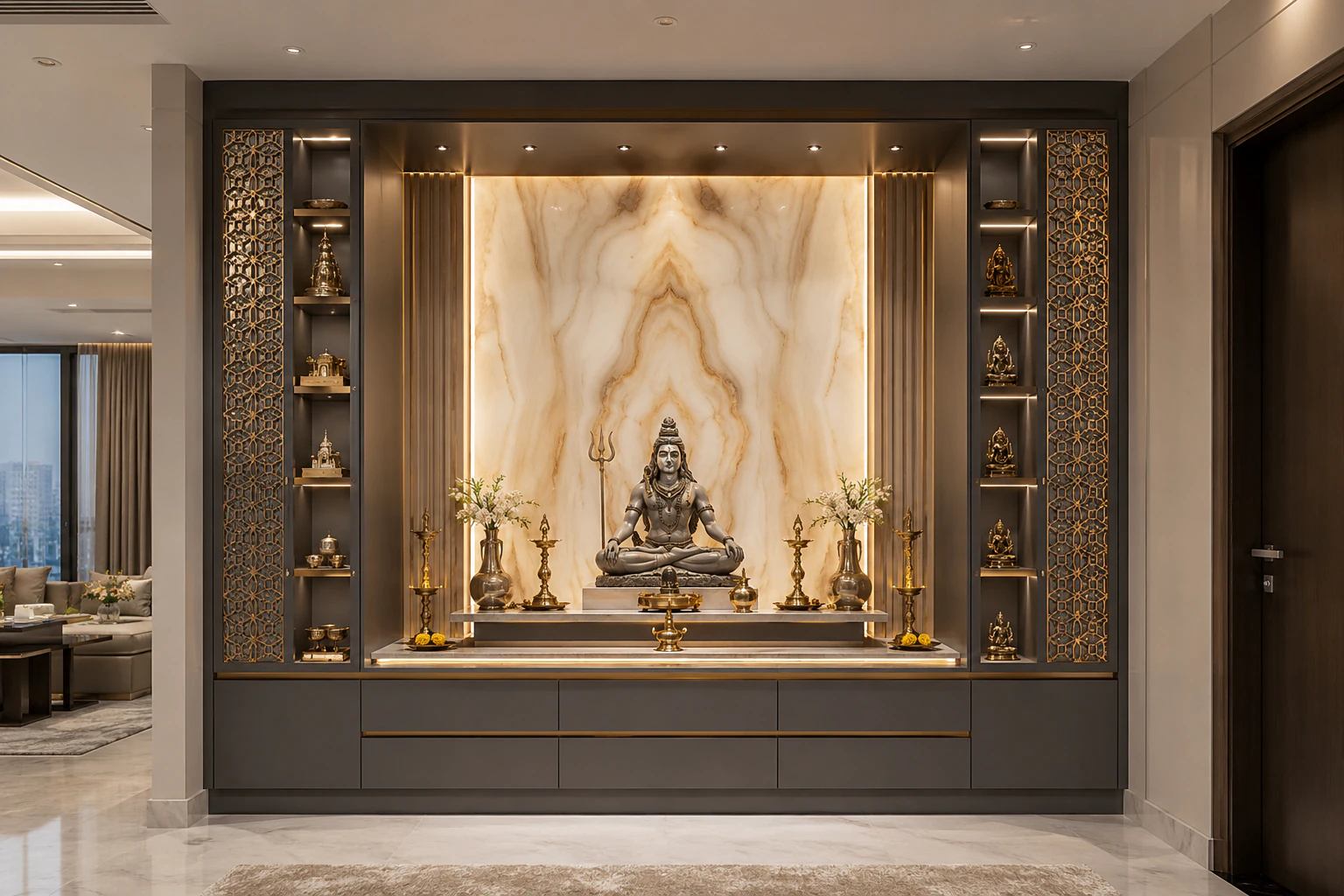 Graphite and champagne full-wall pooja unit by Reedify Modulars Rohtak