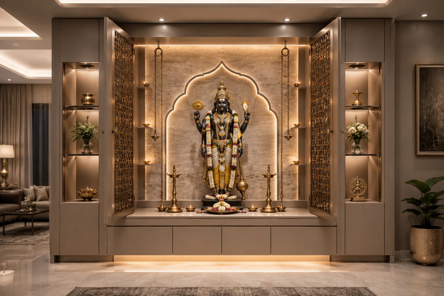 Greige and bronze full-wall pooja unit by Reedify Modulars Rohtak