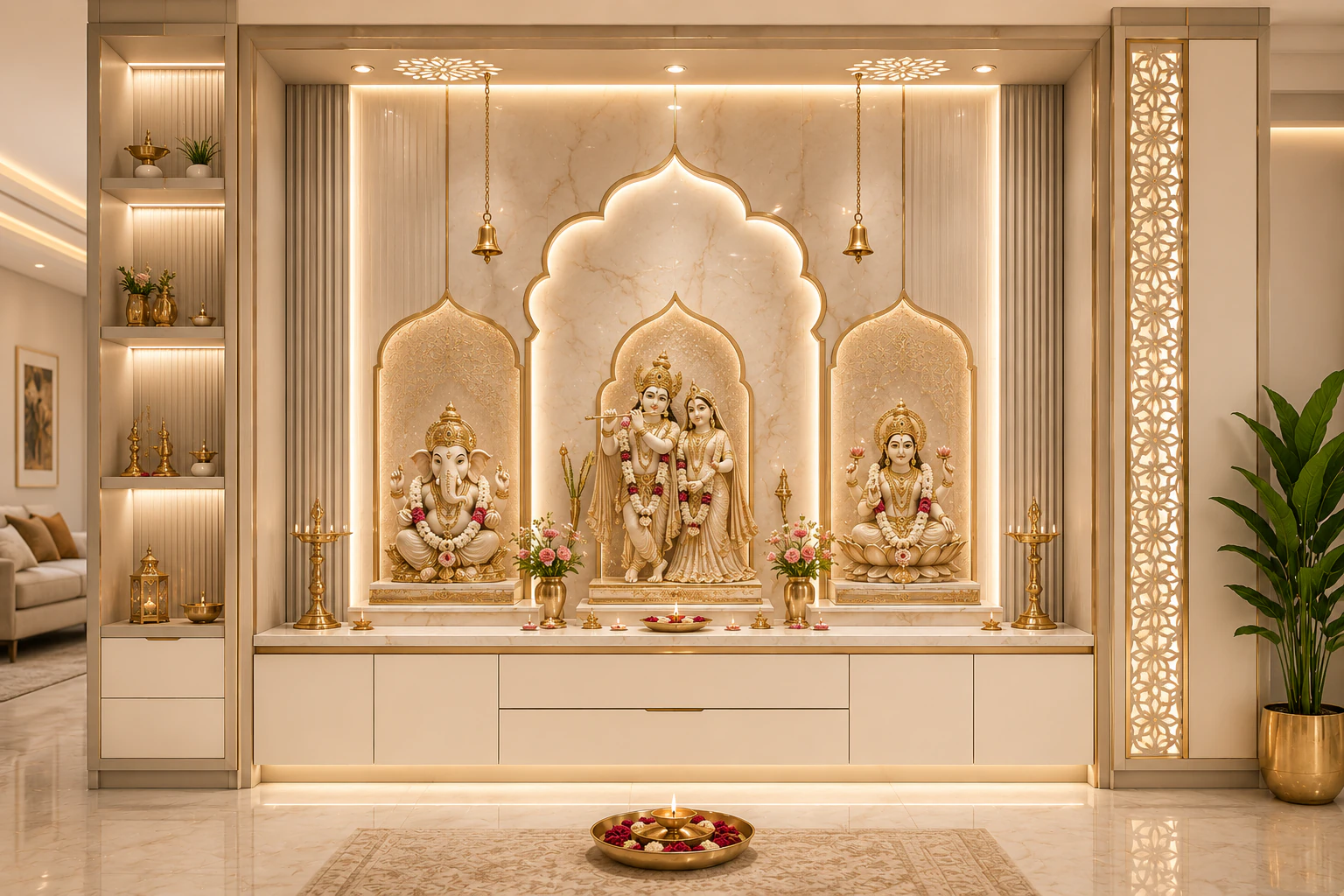 full wall pooja unit with ivory cashmere and champagne finish