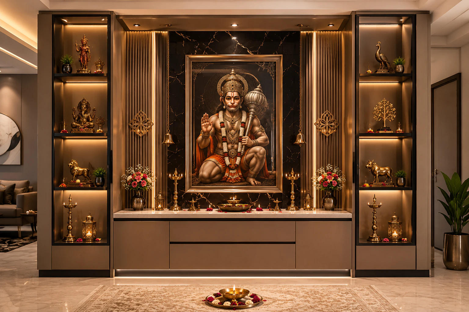 Luxurious modern full-wall home altar shrine by Reedify Modulars Rohtak