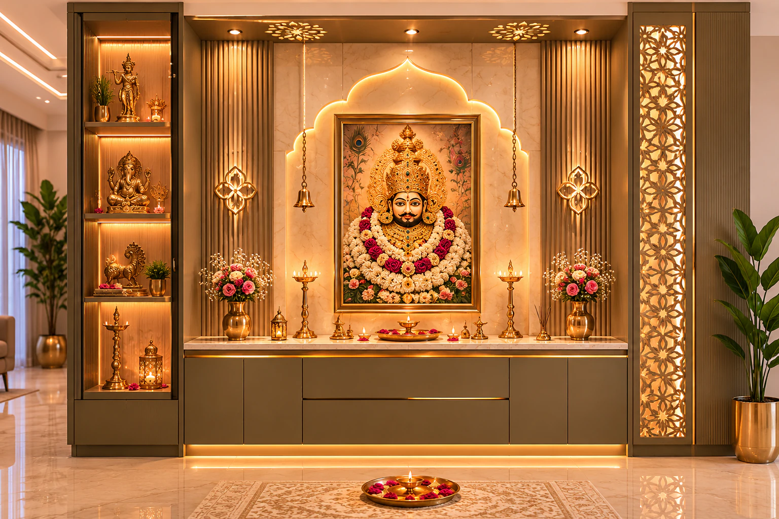 Mocha taupe and black titanium full-wall pooja unit by Reedify Modulars Rohtak