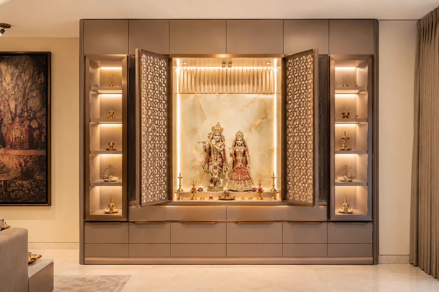 Smoked grey and walnut full-wall pooja unit variation by Reedify Modulars Rohtak