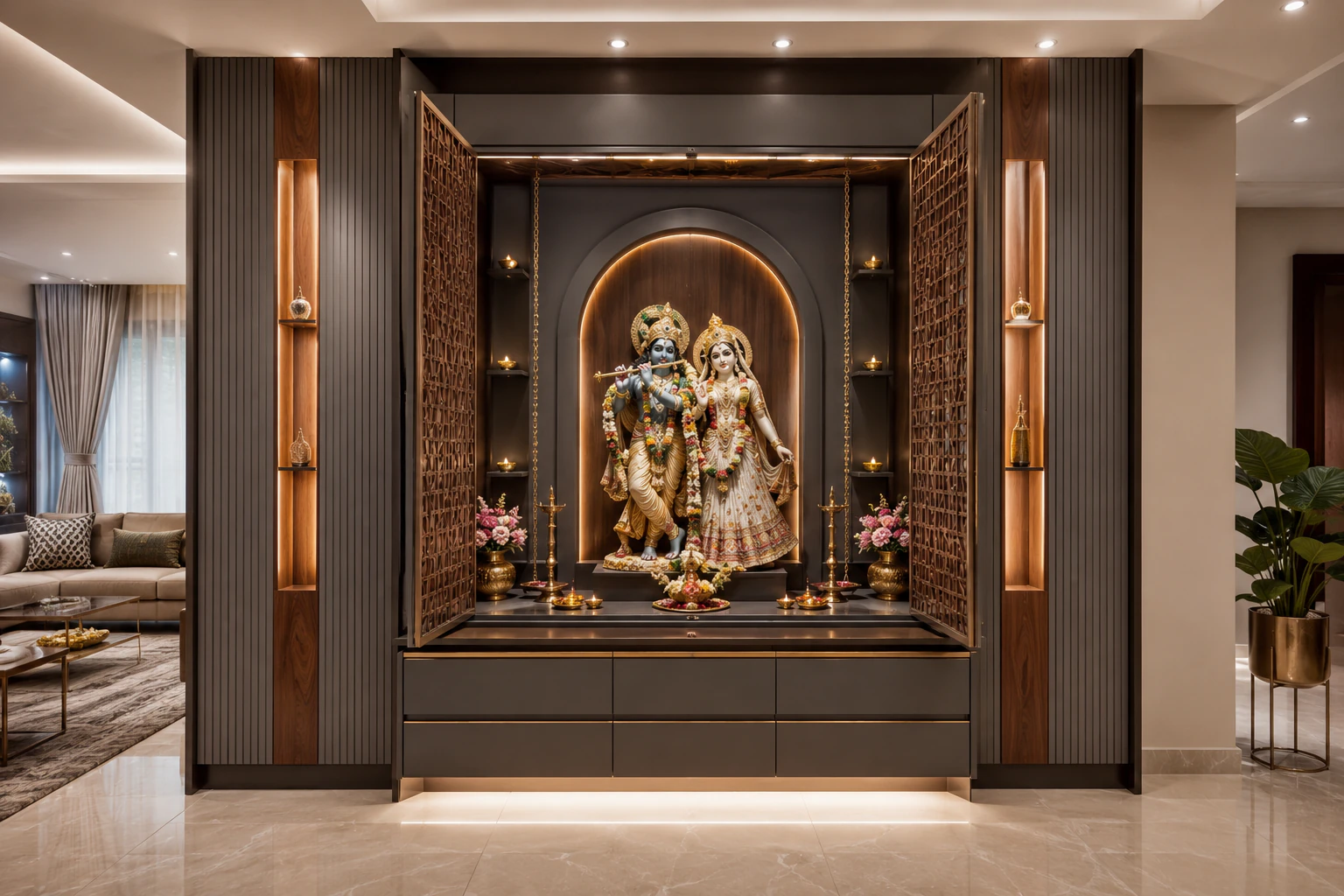 Smoked grey and walnut full-wall pooja unit by Reedify Modulars Rohtak
