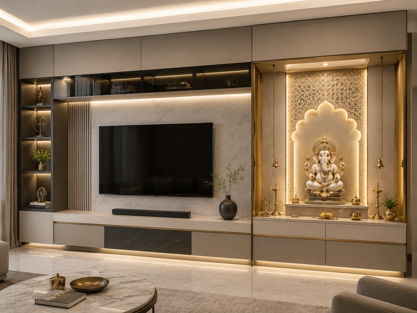 Attached pooja unit for living room by Reedify Modulars Rohtak