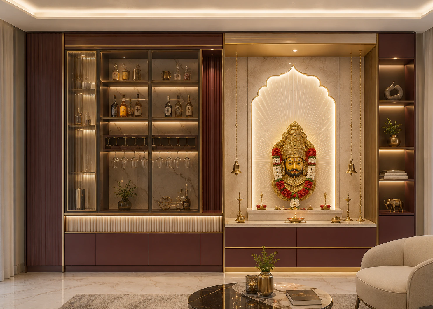 Attached pooja unit with side storage by Reedify Modulars Rohtak