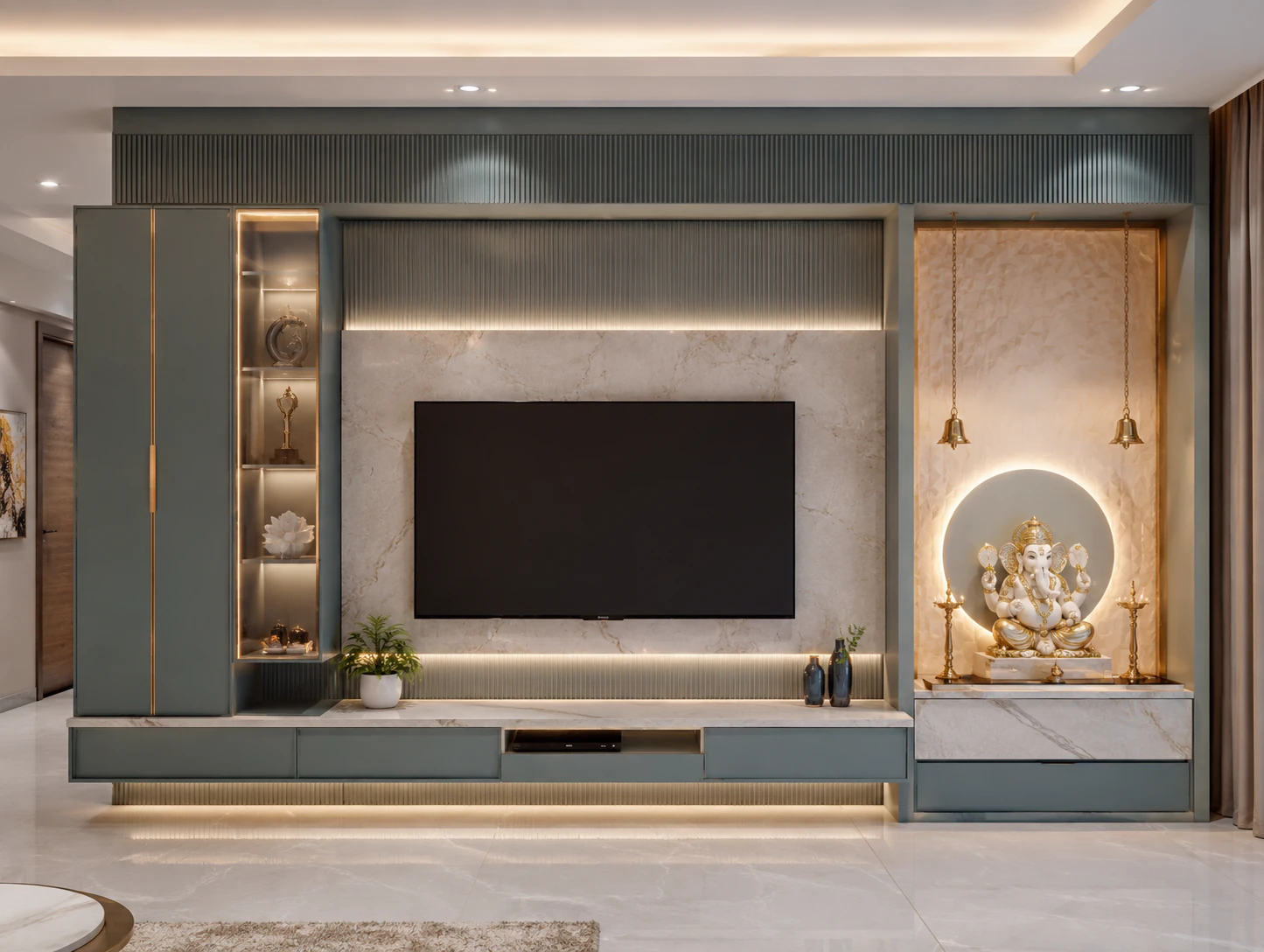 Attached pooja unit with furniture combination by Reedify Modulars Rohtak