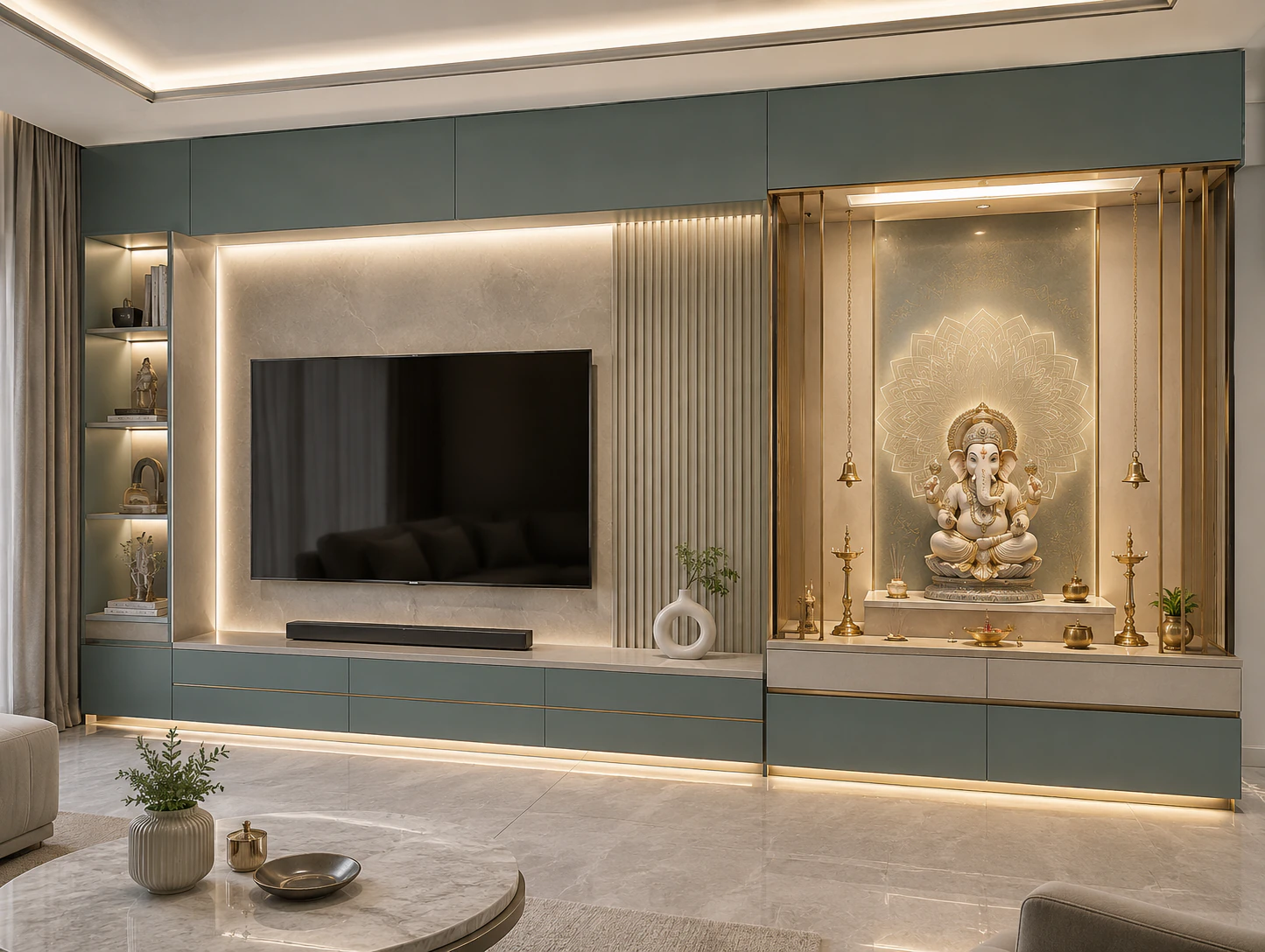 pooja unit with attached storage and display planning