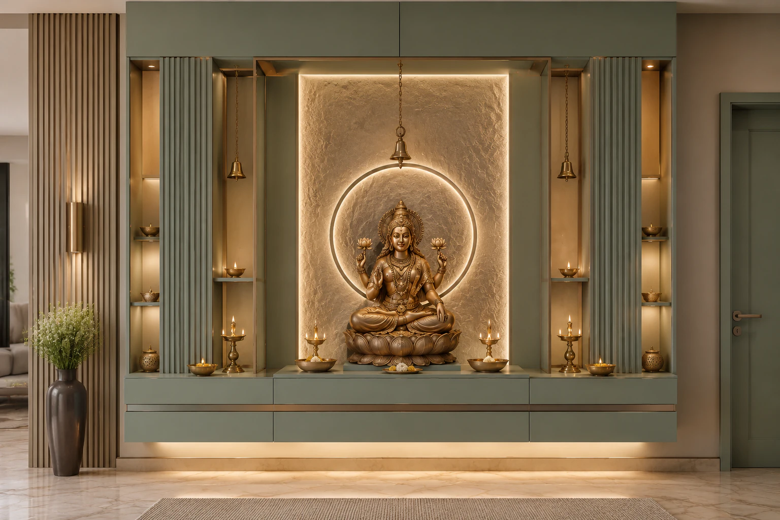 Dusty sage and champagne bronze wall-mounted pooja unit by Reedify Modulars Rohtak