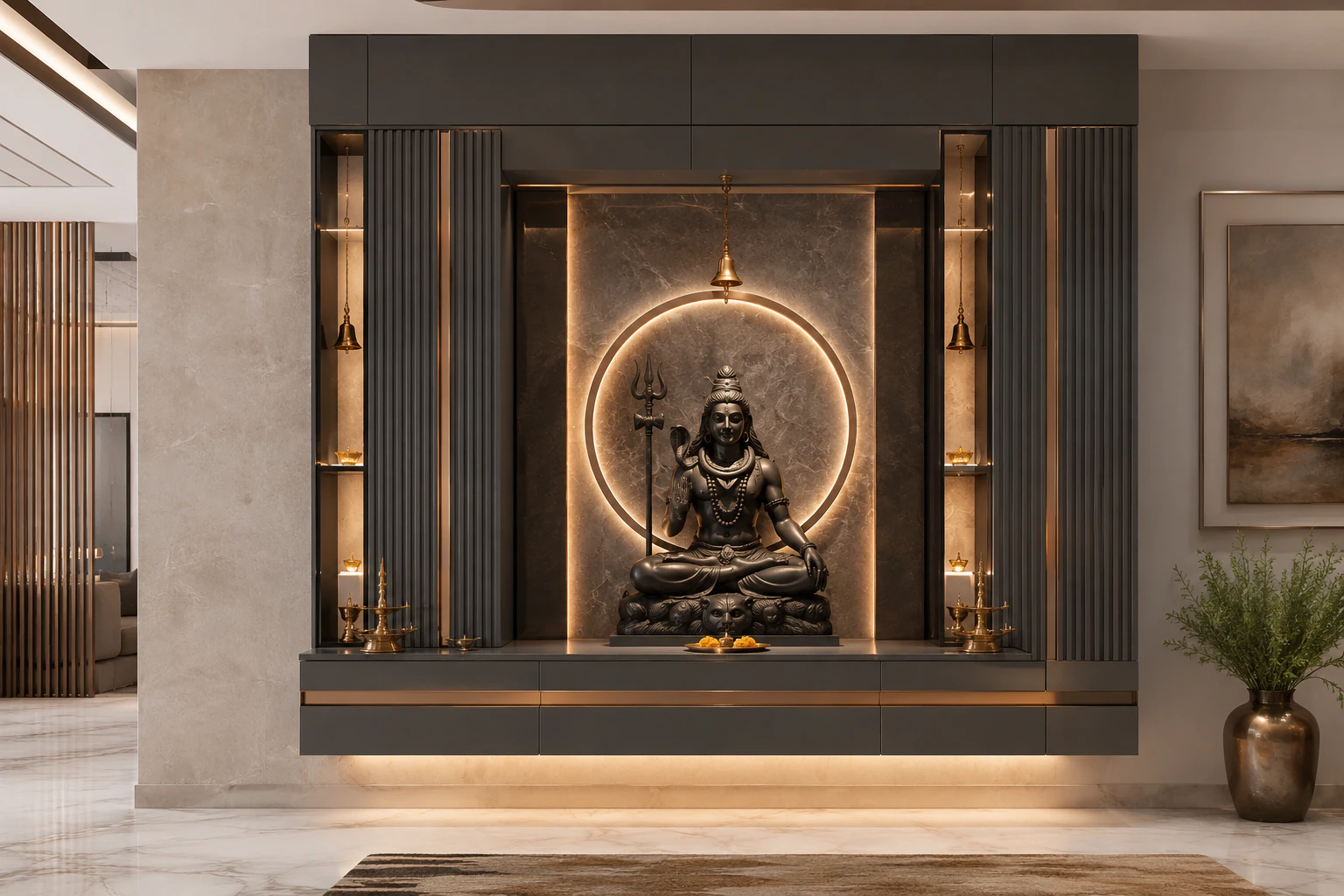 Graphite grey and brushed bronze wall-mounted pooja unit by Reedify Modulars Rohtak