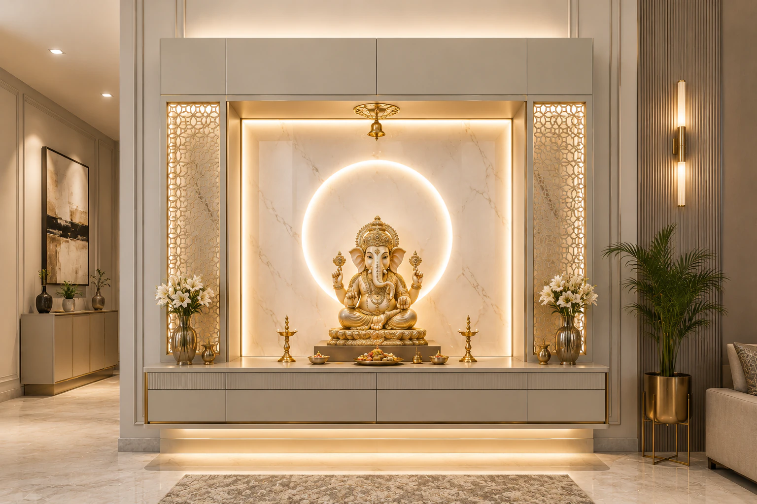 Mist grey and soft gold wall-mounted pooja unit by Reedify Modulars Rohtak