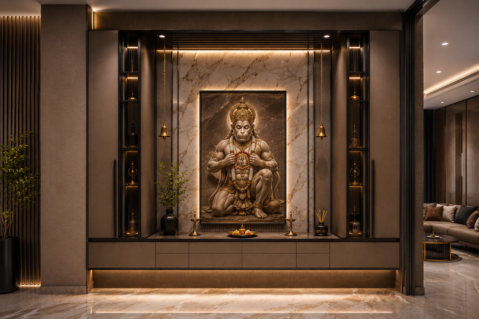 Mocha taupe and black titanium wall-mounted pooja unit by Reedify Modulars Rohtak