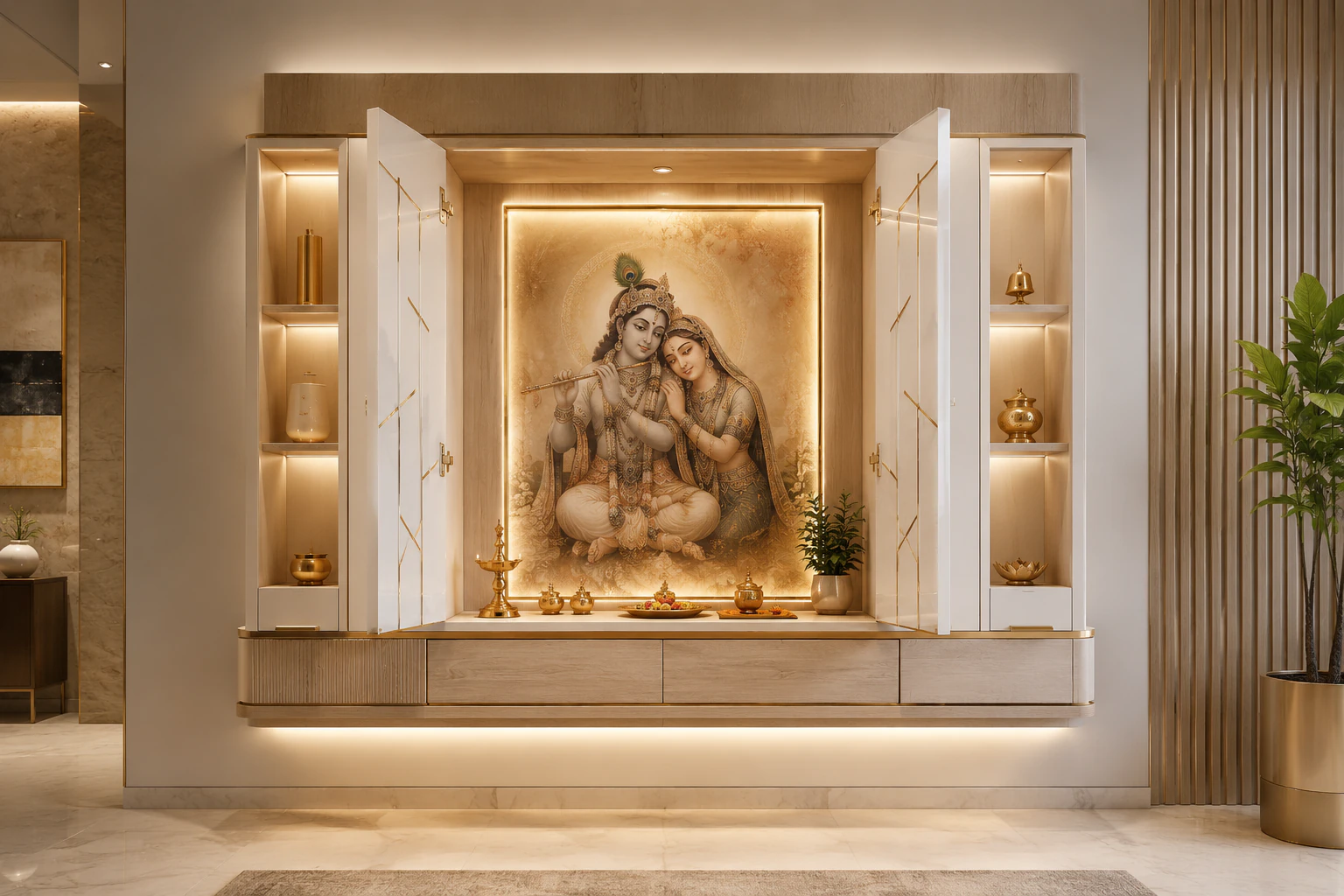 Pearl white and Scandinavian oak wall-mounted pooja unit by Reedify Modulars Rohtak