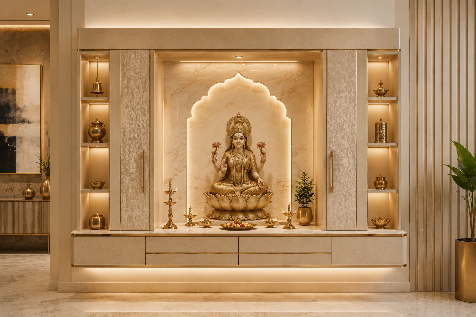 Sandstone beige and antique brass wall-mounted pooja unit by Reedify Modulars Rohtak