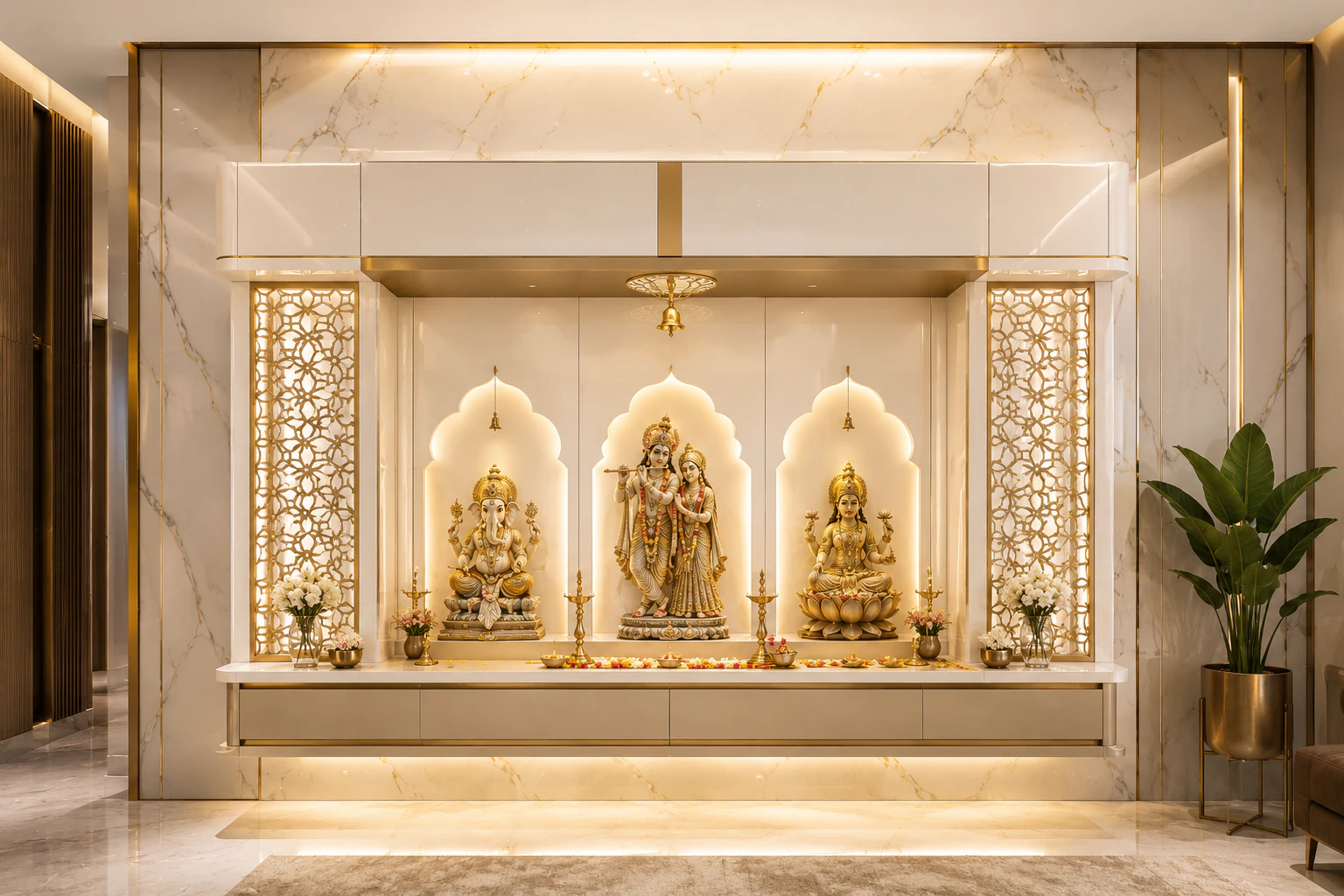 signature ultra luxury pooja unit with CNC jali warm LED and premium finish