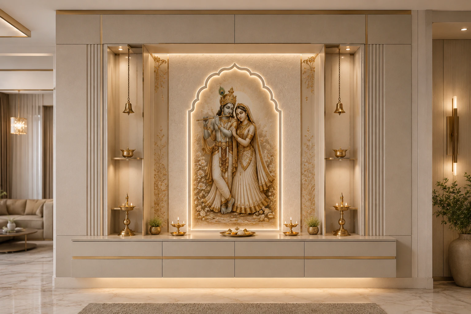 wall mounted pooja unit with warm linen beige and champagne gold finish