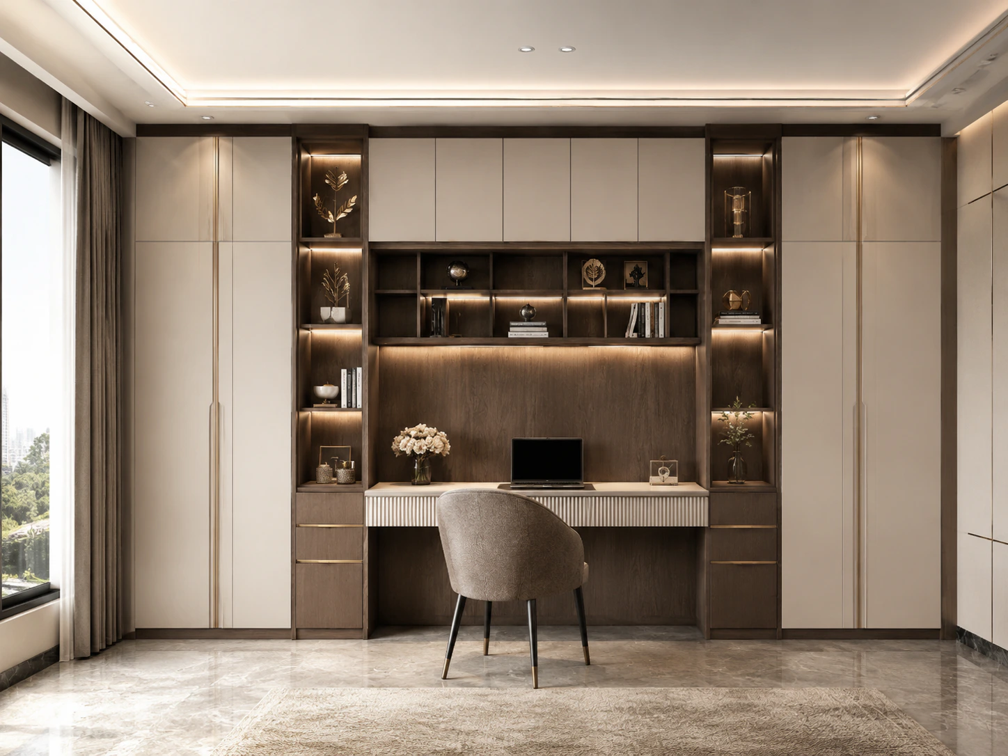 premium built in study wall with LED lighting cabinets and display shelves by Reedify Modulars