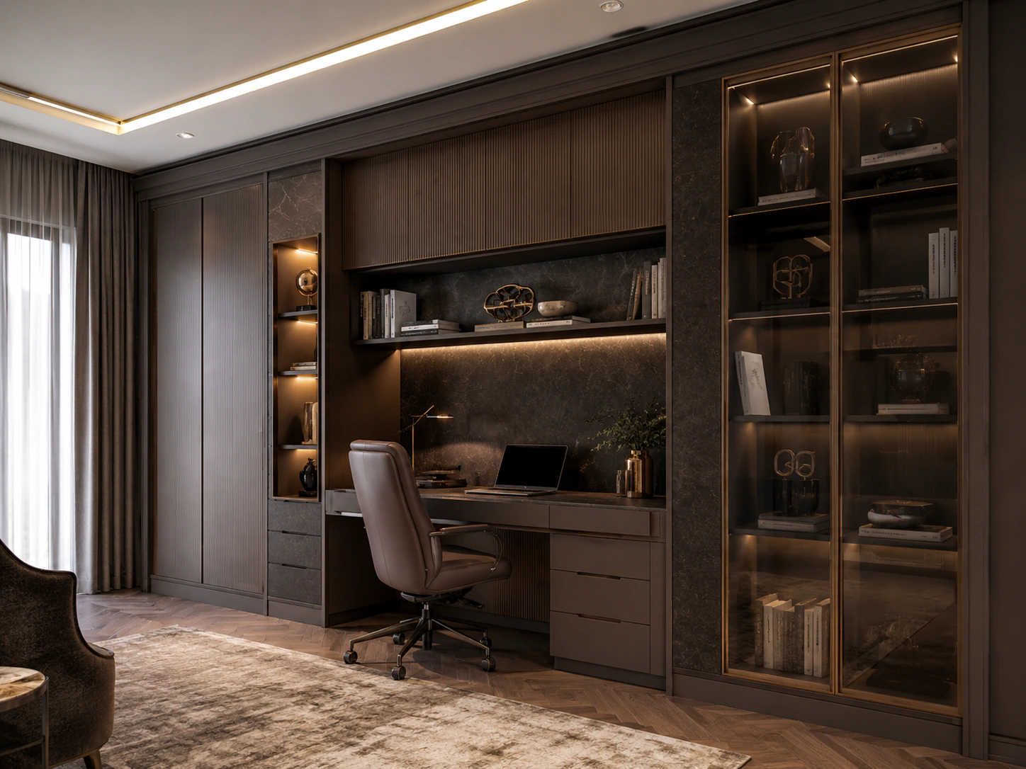 modular study table panels with wooden texture finish and LED shelf lighting by Reedify Modulars