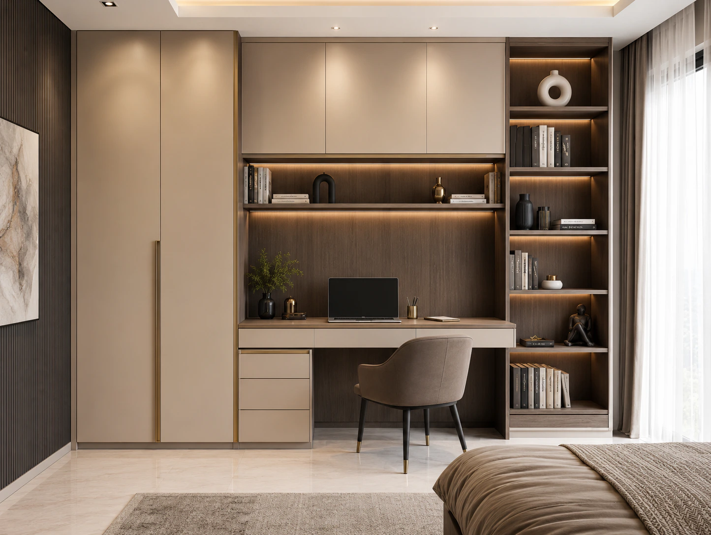 built in study unit planning with drawers overhead shelves and task lighting by Reedify Modulars