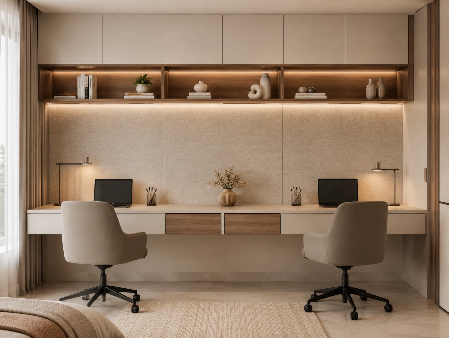 wall mounted study table unit with drawers and floating shelves by Reedify Modulars