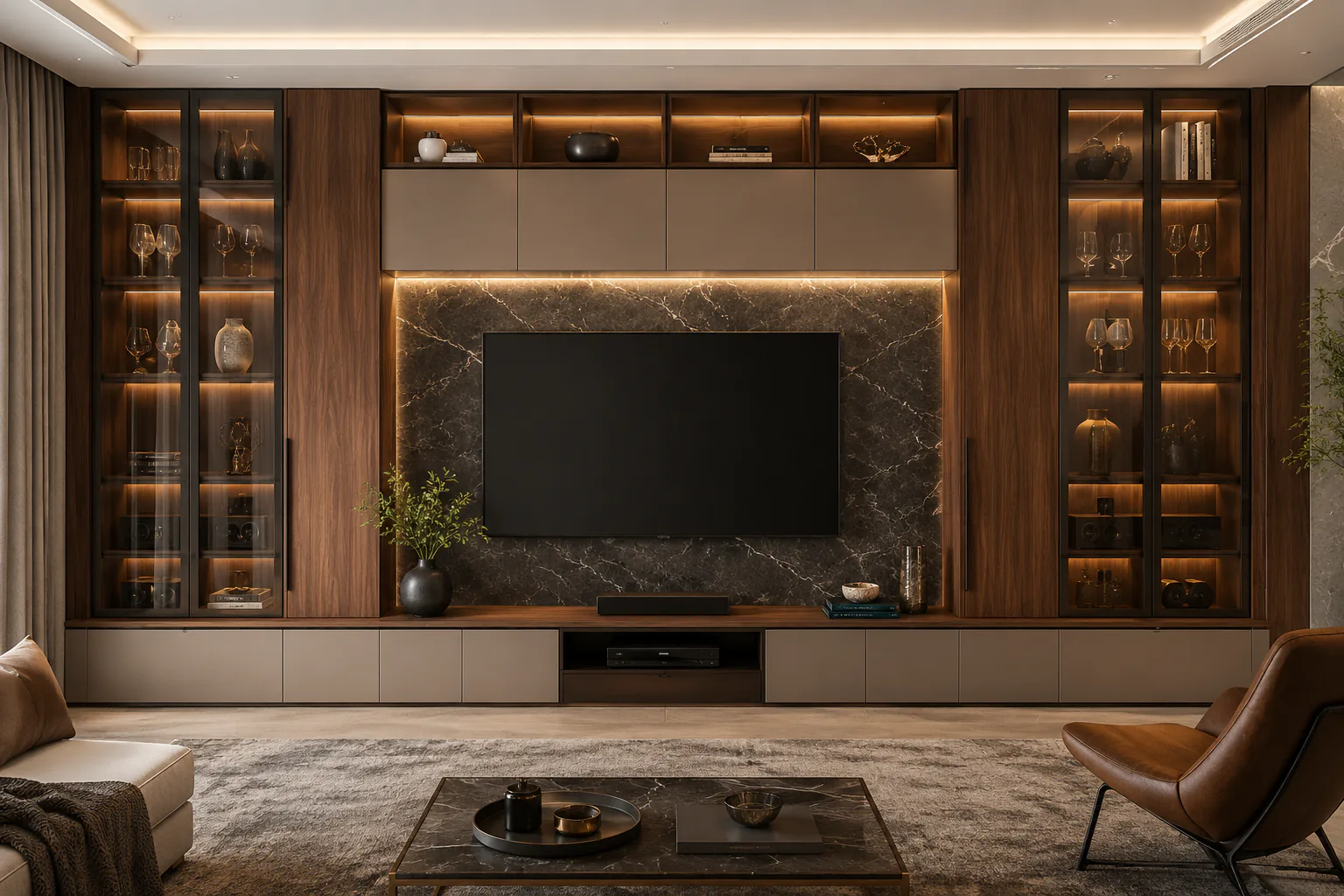 full wall tv unit with glass display cabinet by Reedify Modulars Rohtak